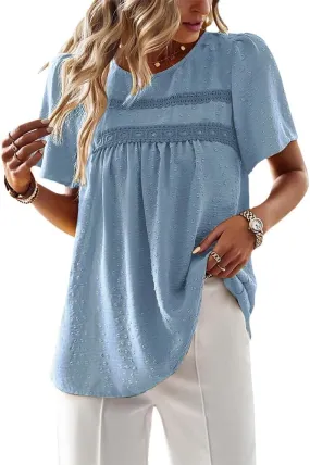 Women Summer Short Sleeve Flowy Tops Casual Crew Neck Lace Trim Boho Lounge Blouses Solid Loose Fit Gauze Shirts