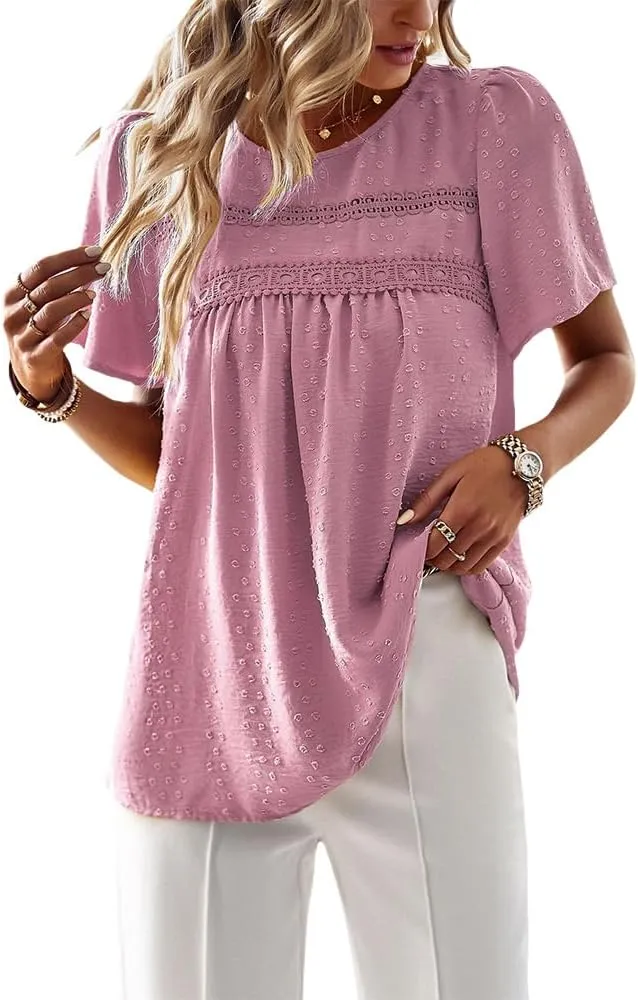 Women Summer Short Sleeve Flowy Tops Casual Crew Neck Lace Trim Boho Lounge Blouses Solid Loose Fit Gauze Shirts