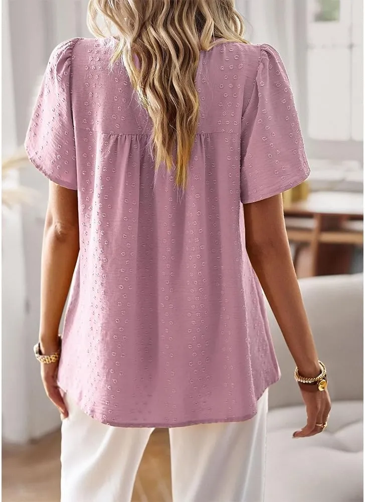 Women Summer Short Sleeve Flowy Tops Casual Crew Neck Lace Trim Boho Lounge Blouses Solid Loose Fit Gauze Shirts