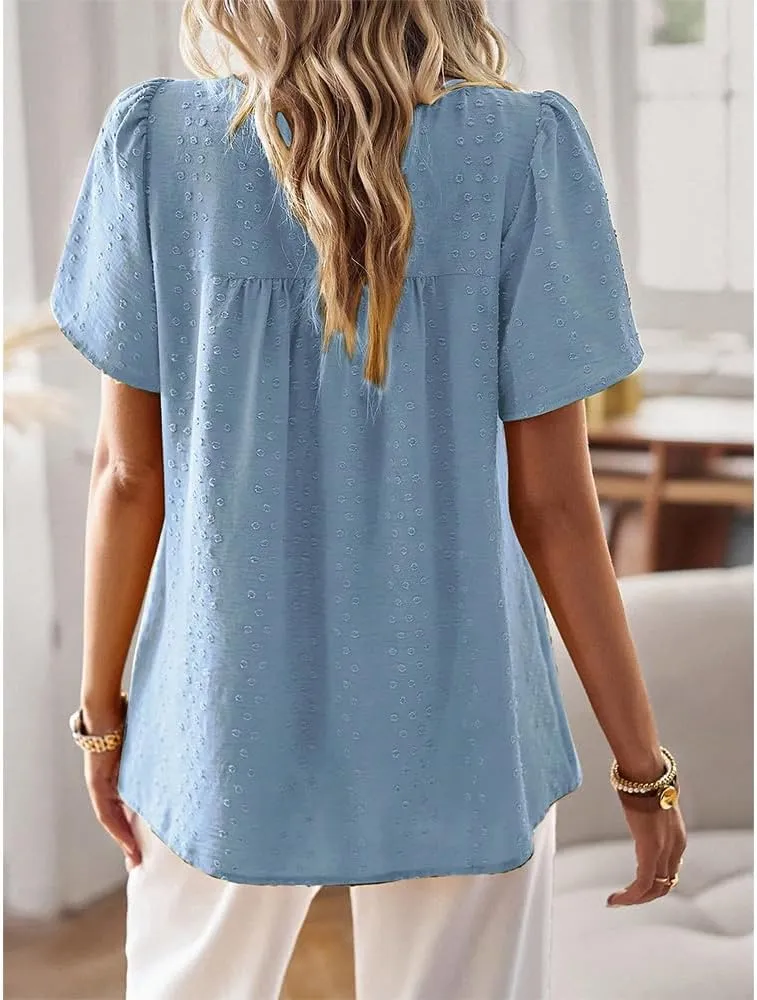 Women Summer Short Sleeve Flowy Tops Casual Crew Neck Lace Trim Boho Lounge Blouses Solid Loose Fit Gauze Shirts