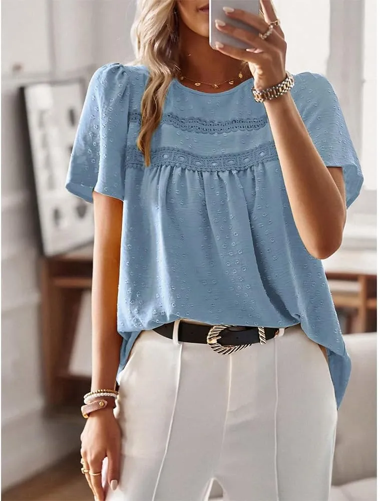 Women Summer Short Sleeve Flowy Tops Casual Crew Neck Lace Trim Boho Lounge Blouses Solid Loose Fit Gauze Shirts
