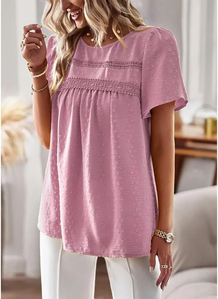 Women Summer Short Sleeve Flowy Tops Casual Crew Neck Lace Trim Boho Lounge Blouses Solid Loose Fit Gauze Shirts