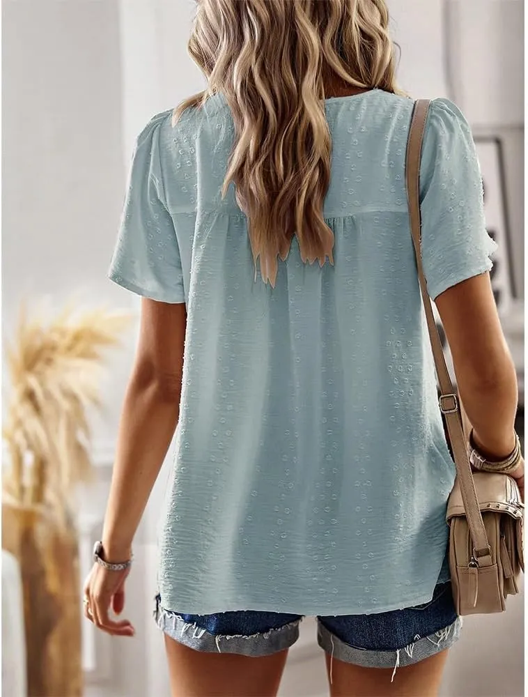 Women Summer Short Sleeve Flowy Tops Casual Crew Neck Lace Trim Boho Lounge Blouses Solid Loose Fit Gauze Shirts