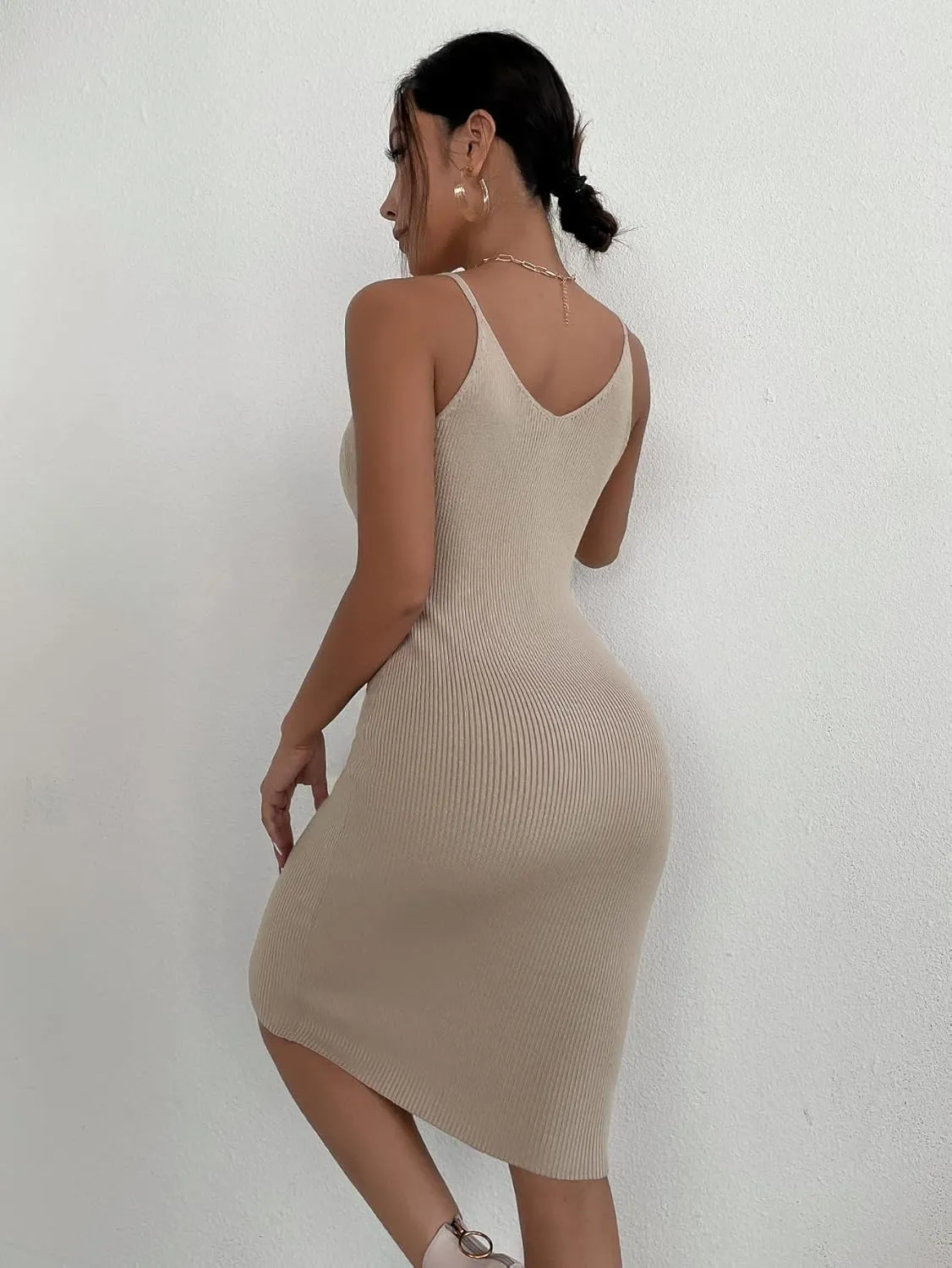 Women's 2024 Casual Sweater Dress Sleeveless Solid Rib-knit Sweater Dress