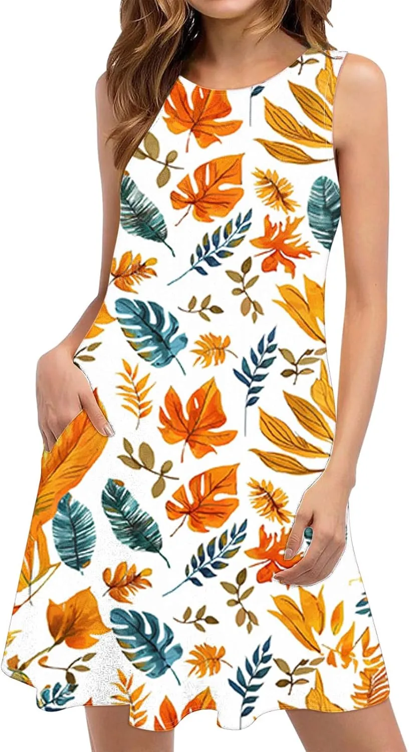 Womens Boho Casual Dress with Pockets Sleeveless Floral Tshirt Tank Sundresses Beach Vacation Cute Mini Dresses