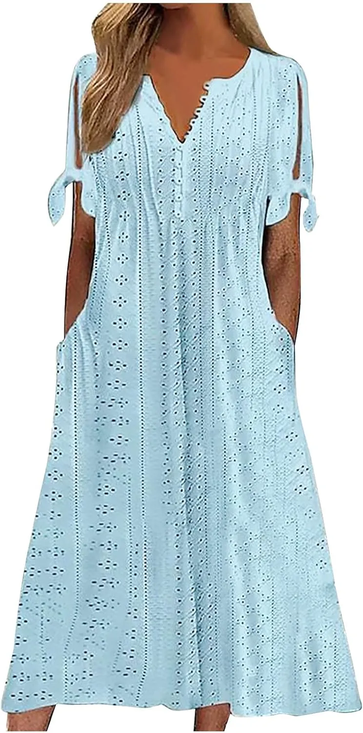 Womens Boho Eyelet Summer Dresses Embroidery Short Sleeve Maxi Dress Loose Beach Vacation Long Dress with Pockets