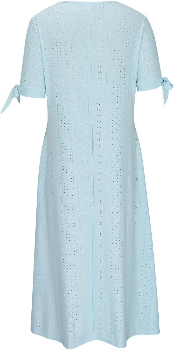 Womens Boho Eyelet Summer Dresses Embroidery Short Sleeve Maxi Dress Loose Beach Vacation Long Dress with Pockets