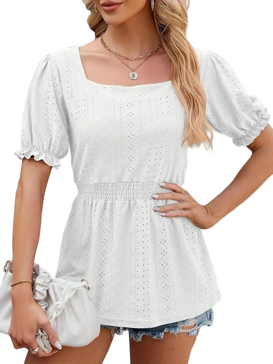 Women's Puff Short Sleeve Peplum Elegant Tunic Tops Casual Square Neck Blouse Lace Shirt
