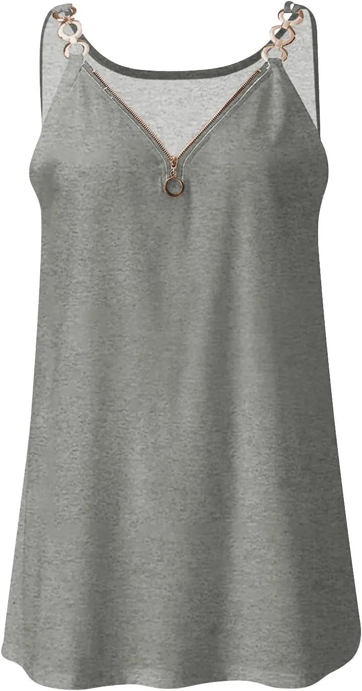 Women's Tank Tops Summer Fashion Half Zipper V Neck Sleeveless Blouses Casual Solid Loose Elegant Swing Beach Shirts