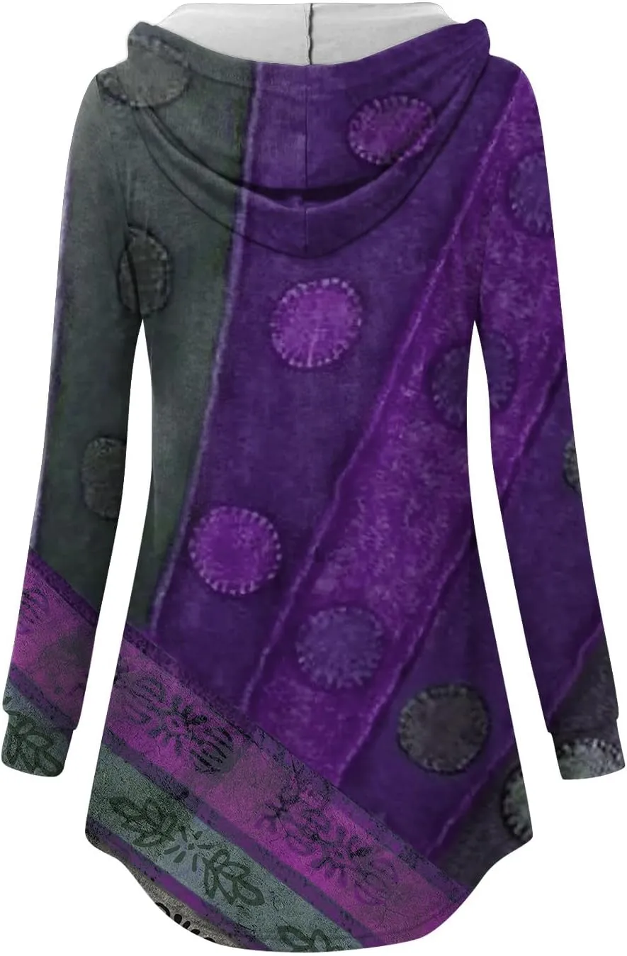 Womens Tunic Tops Winter Ethnic Floral Oversized Hoodie Long Sleeve Blouse Vneck Button Shirts Fall Sweatshirt Graphic