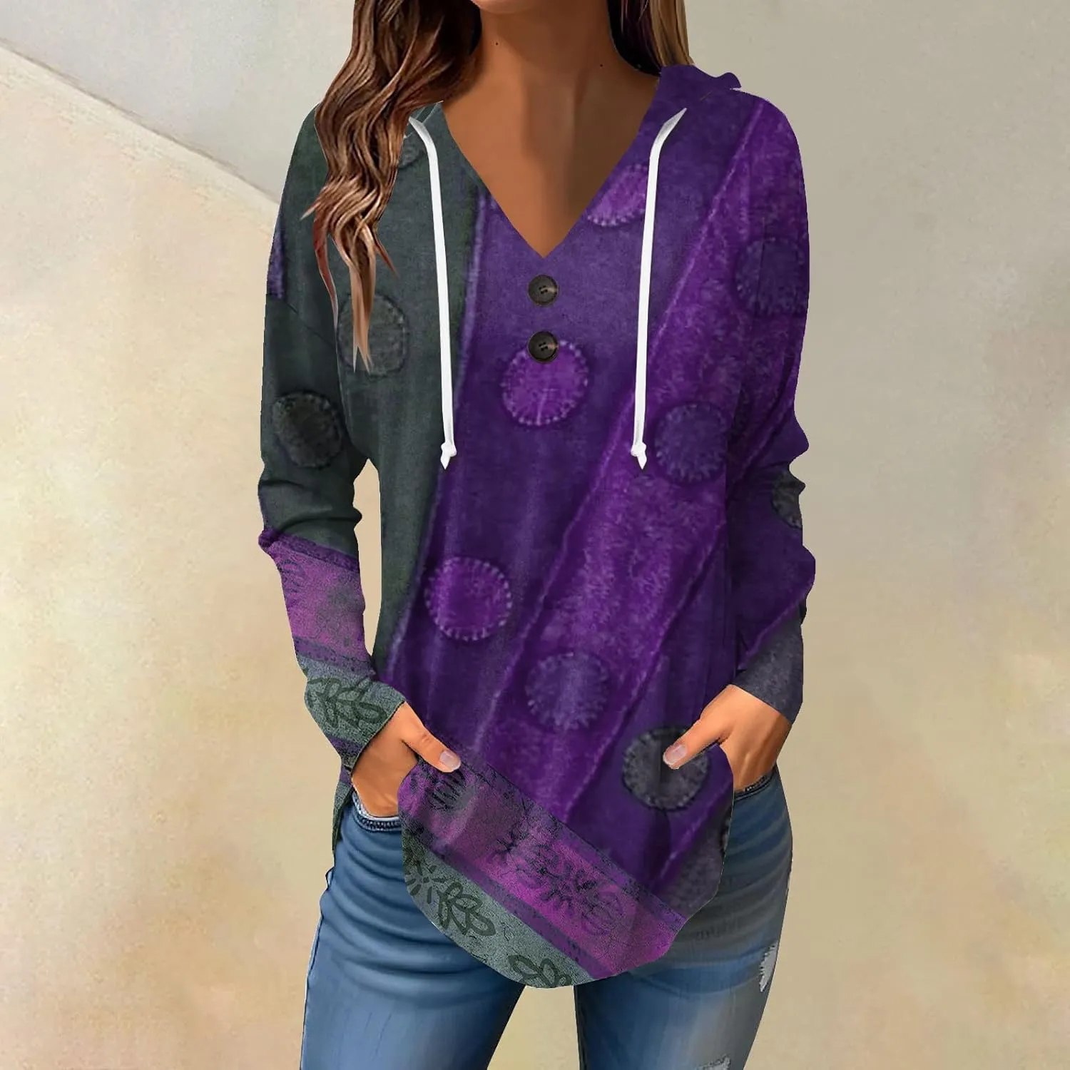 Womens Tunic Tops Winter Ethnic Floral Oversized Hoodie Long Sleeve Blouse Vneck Button Shirts Fall Sweatshirt Graphic