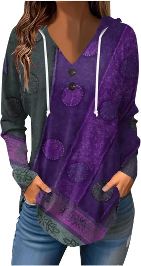 Womens Tunic Tops Winter Ethnic Floral Oversized Hoodie Long Sleeve Blouse Vneck Button Shirts Fall Sweatshirt Graphic