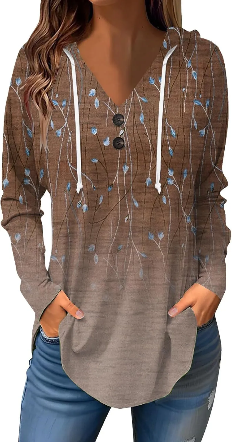 Womens Tunic Tops Winter Ethnic Floral Oversized Hoodie Long Sleeve Blouse Vneck Button Shirts Fall Sweatshirt Graphic