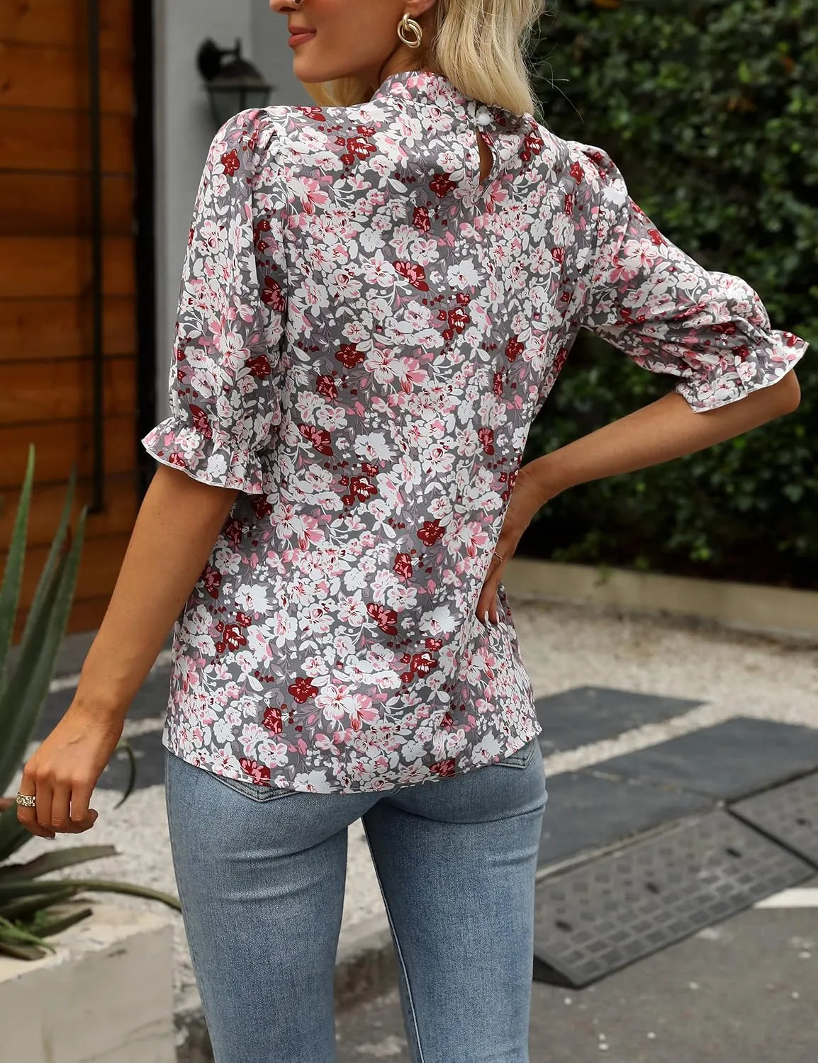 ZILIN Women's Summer Boho Floral Shirt Top Ruffle Mock Neck Puff Short Sleeve 2024 Casual Blouses