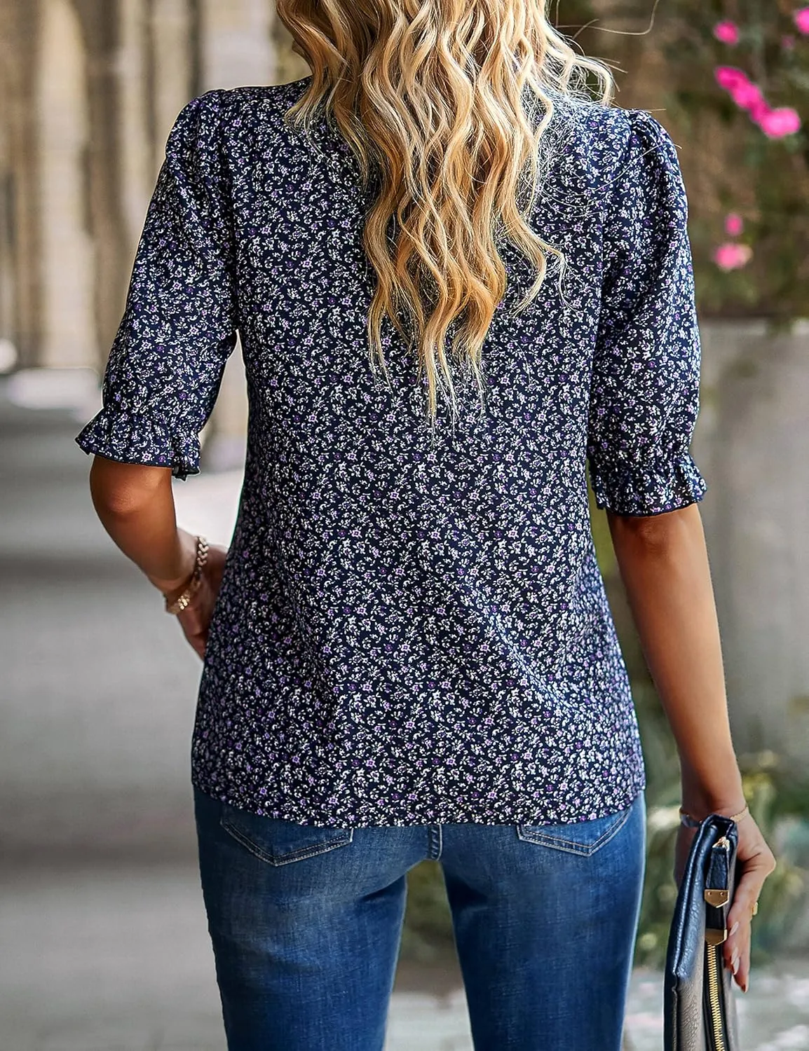 ZILIN Women's Summer Boho Floral Shirt Top Ruffle Mock Neck Puff Short Sleeve 2024 Casual Blouses