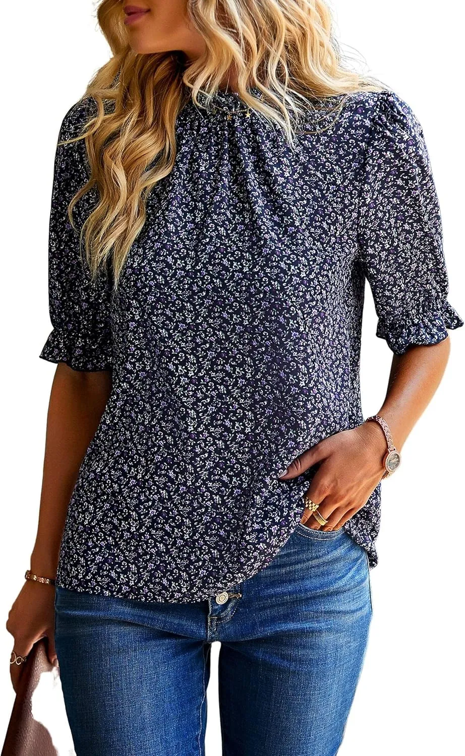 ZILIN Women's Summer Boho Floral Shirt Top Ruffle Mock Neck Puff Short Sleeve 2024 Casual Blouses