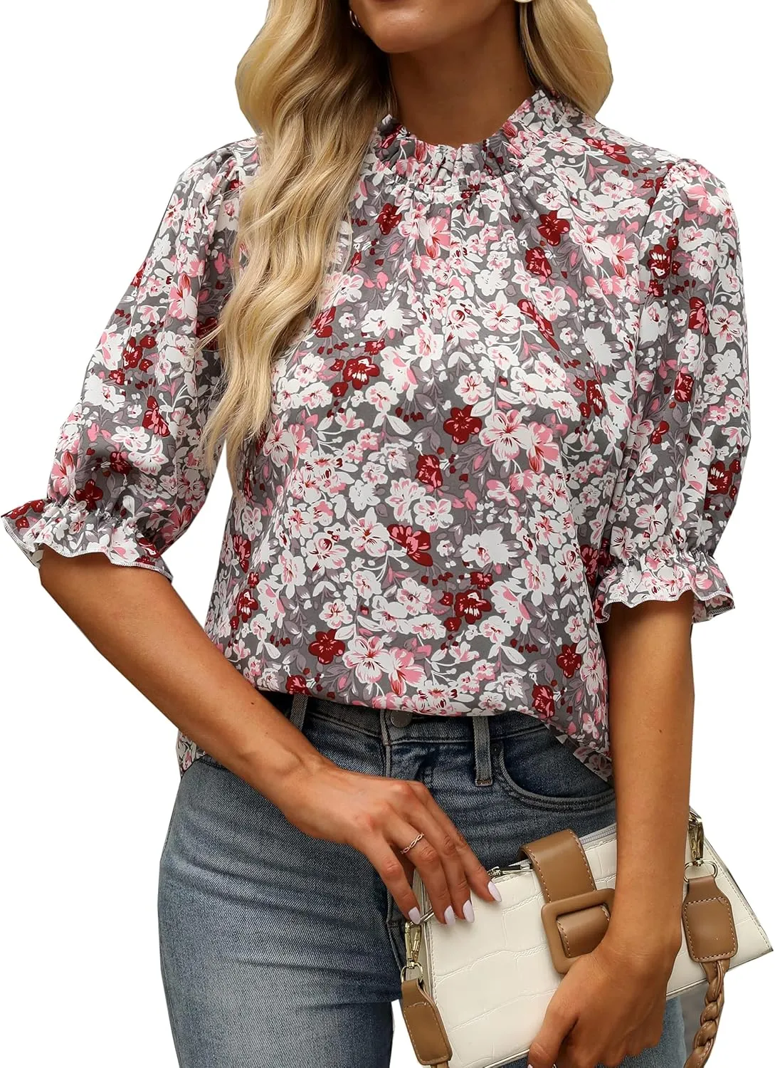 ZILIN Women's Summer Boho Floral Shirt Top Ruffle Mock Neck Puff Short Sleeve 2024 Casual Blouses